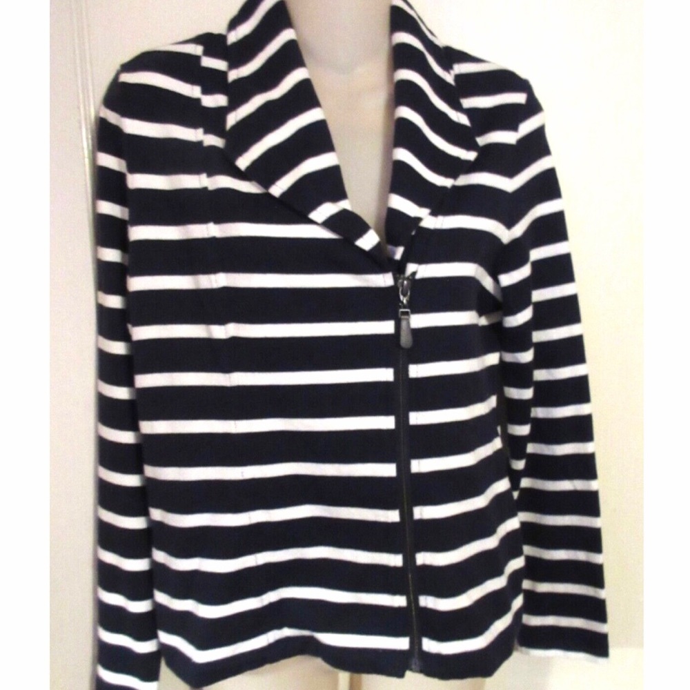 Talbots Navy/White Striped Moto Styled Cotton Jacket